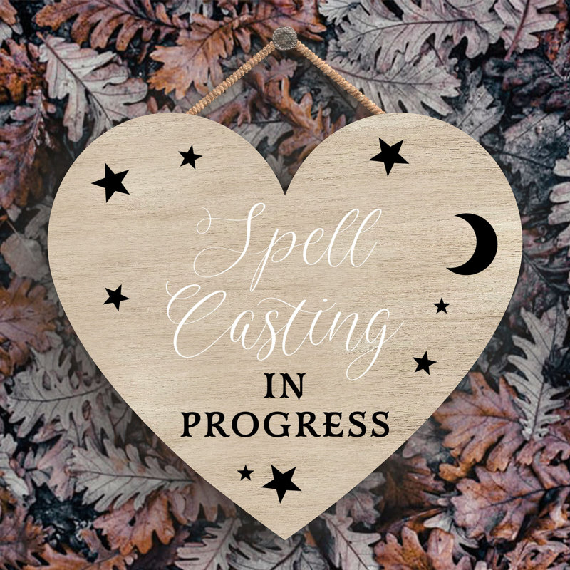 Witch Spell Casting Wooden Heart Plaque, Brown, 16cm H x 17cm W x 0.9cm D