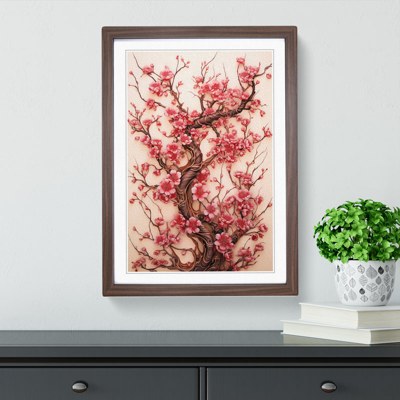 Cherry Blossom Tree Nouveau - Single Picture Frame Print on Wood, 64cm H x 46cm W x 2cm D, Walnut Framed