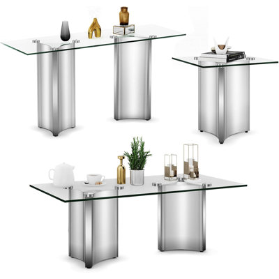 3 Piece Glass And Silver Living Room Table Set