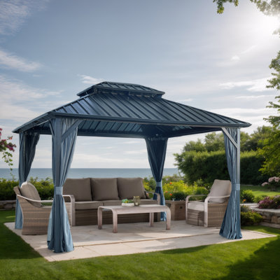 Hardtop Gazebo with Galvanized Steel Double Roof, Sturdy Aluminum Frame, Curtains, and Netting for Patio, Lawn, and Garden