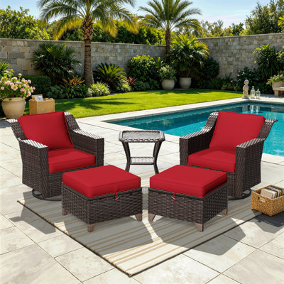 Ensemble de chaises pivotantes en osier pour l'extérieur 5 pièces avec repose-pieds et table d'appoint, meubles de conversation en rotin avec coussins pour porche, balcon et cour