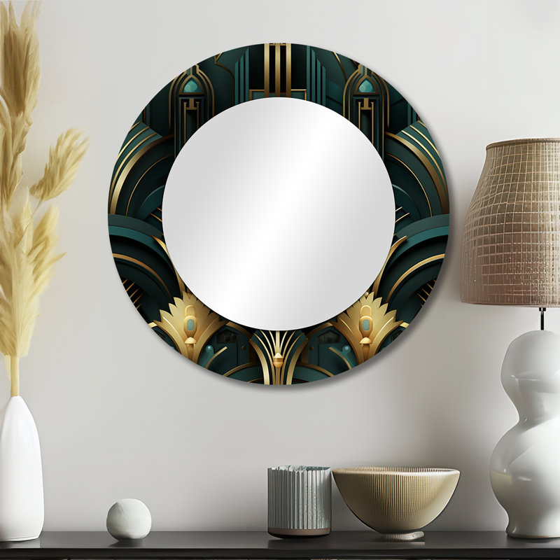 Gold And Green Art Deco Opulence - damask  Decorative Mirror, Boho Round Wall Mirror, Printed Metal Art, 23" x 23"