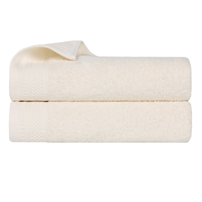 Honeycomb Textured Waffle Border Cotton Medium Weight Bath Sheets, Ivory