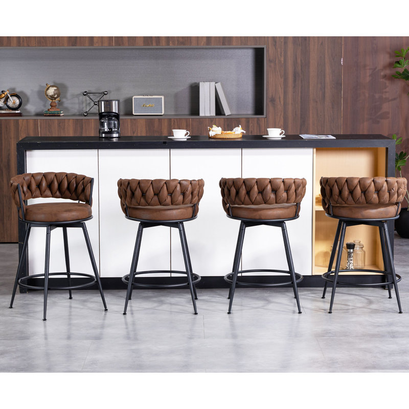 24" Counter Height Bar Stools Set of 4 - 360° Swivel with Suede Fabric & Modern Woven Design, Backrest & Footrest for Kitchen Cafe Pub