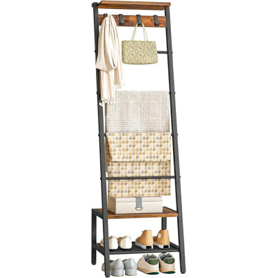 Blanket Ladder, 7-Tier Giraffe Shape Towel Rack for Living Room and Bedroom, 63.4" H Decorative Ladder Shelf with Hooks, Metal Frame, Industrial Style, Rustic Brown and Black