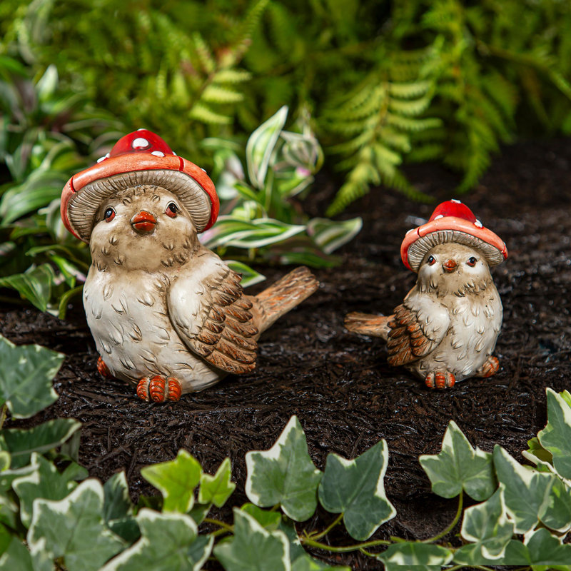 Resin Mushroom Birds Statue, 7"H