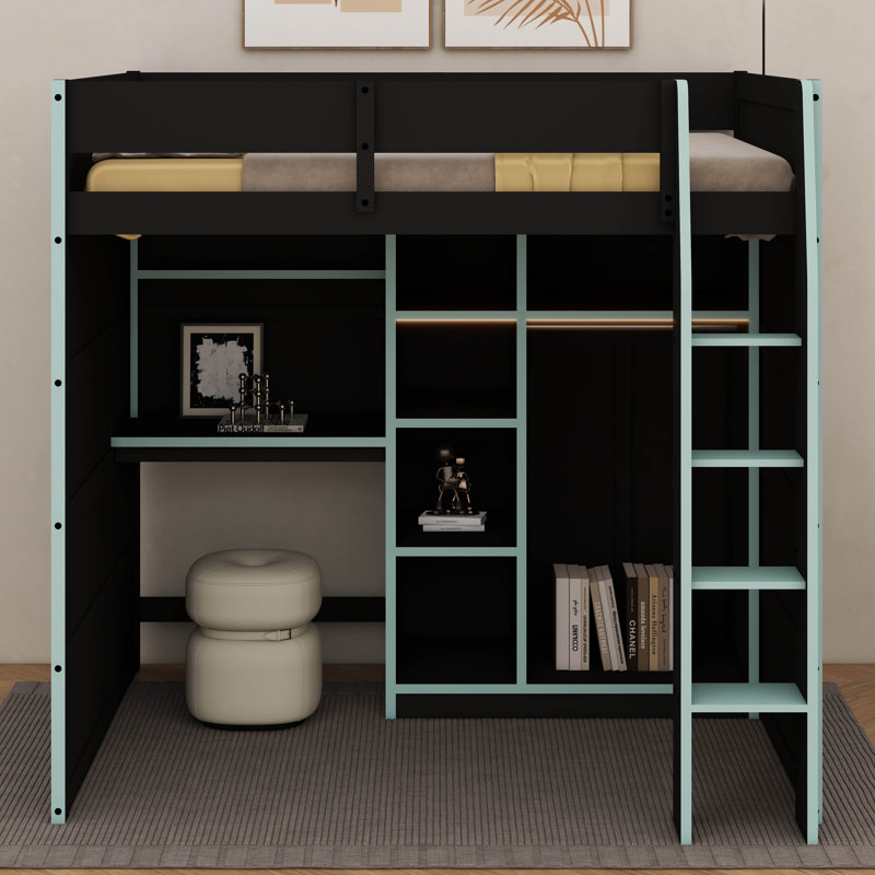 Full Size Wood Loft Bed – Desk, Open Wardrobe, Storage Compartments & RGB Lights, Cloud Blue/Black