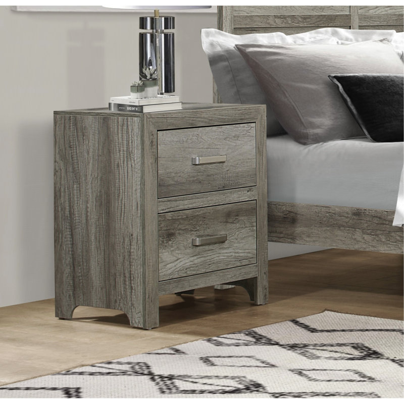 Table de chevet en faux placage de bois pour chambre à coucher, finition grise, 2 tiroirs, table d'appoint de chambre à coucher décorative en nickel plaqué, gris, tiroirs avec poignées
