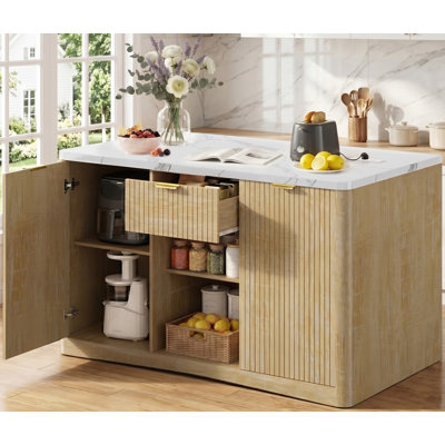 47" Kitchen Island with Storage, Adjustable Shelf, Power Outlet & Drawer