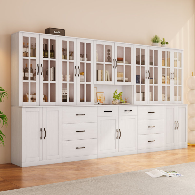 71" H X 126" W Bookcase Cabinet With Glass Doors And Large Storage Drawers(2C+2D+E), White