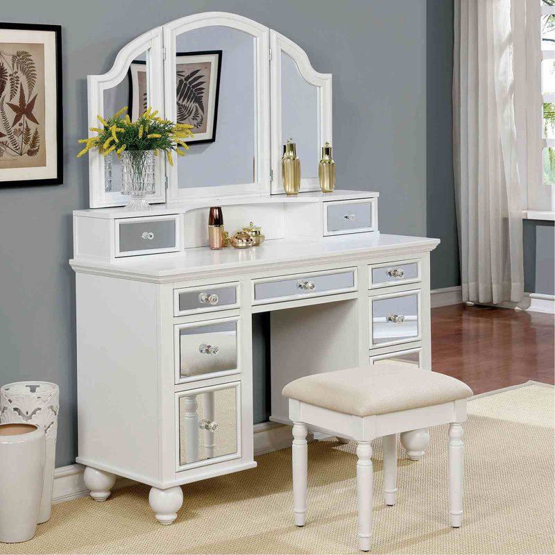 Ensemble de meuble-lavabo 1 pièce blanc avec tabouret et 3 tiroirs de rangement avec miroir