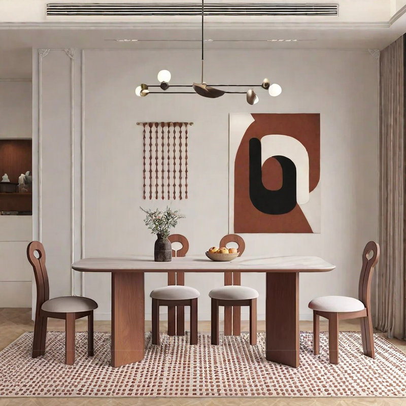 Vintage Rock Plate Dining Table Chair Set 4 - Person Double Pedestal Dining Set, 29.5"H x 62.9"L x 31.4"W