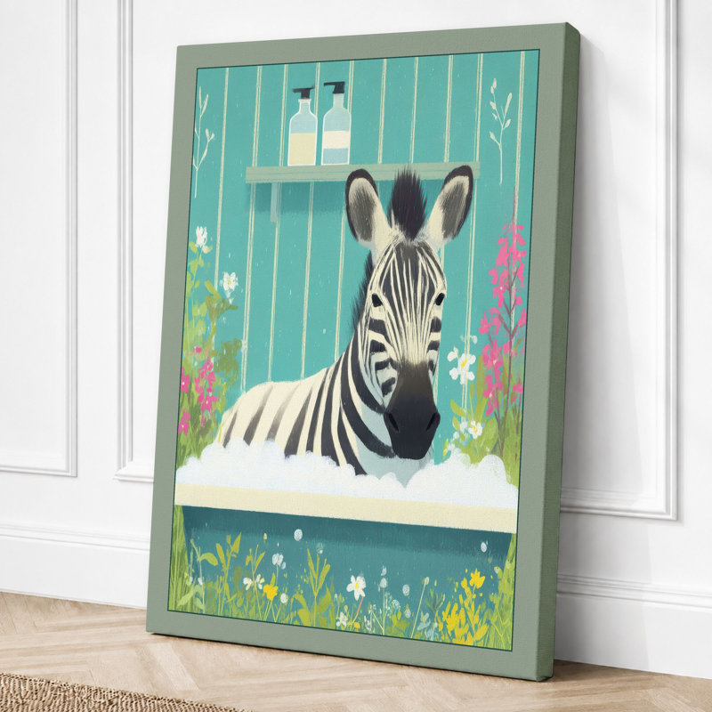 Zebra In The Tub Illustrative - Print, 24x16 - 61.0 x 40.6 cm, Sage Border