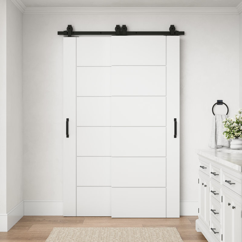 Porte intérieure standard à panneaux plats 6 panneaux 48 po x 80 po, style moderne, en bois massif apprêté blanc, avec ensemble de quincaillerie pour porte coulissante de type grange