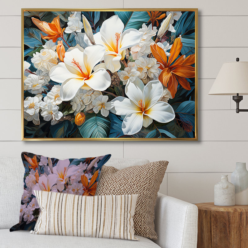 Fleur de plumeria beige et blanche, Cadre flottant doré, H 34 po x l 44 po x P 1,5 po