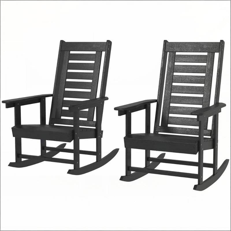 Outdoor Rocking Chair Set, 2 Pieces with Smooth Motion and HDPE Durability for Patio Relaxation, Black
