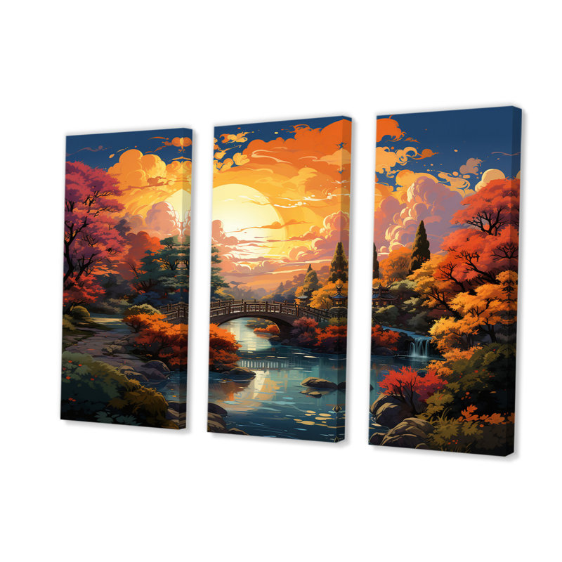 Glorieux coucher de soleil sur un magnifique jardin d'automne 3 pièces, H 28 po x l 36 po x P 1 po