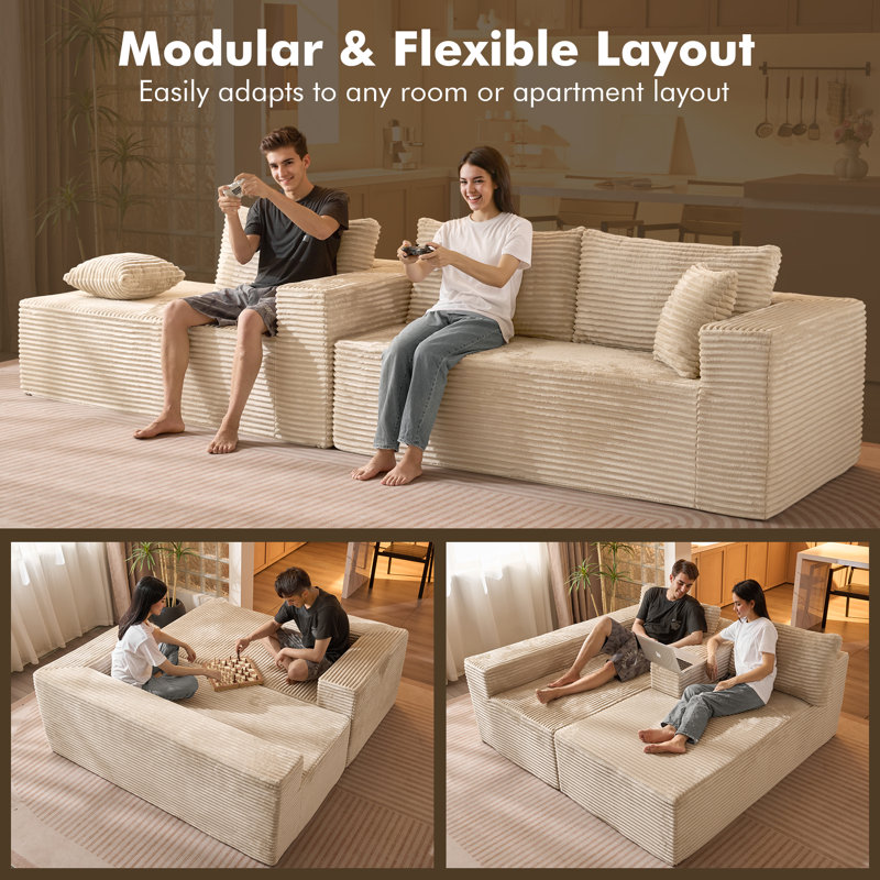 Aucun assemblage requis pour canapé compressé 2 pièces, Orienté à gauche (vu de face), Velours côtelé beige