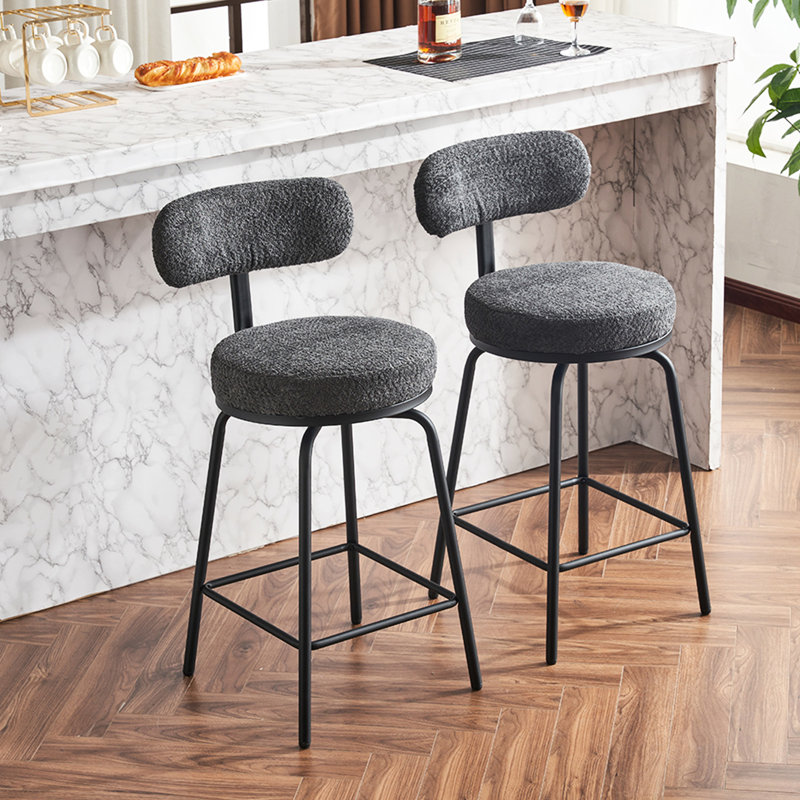 Chaises de bar modernes pivotantes à 360 °, revêtement bouclé gris foncé avec structure et repose-pieds en métal, tendance pour îlot de cuisine, espace repas 2, pièce confortable avec pieds rembourrés, îlot