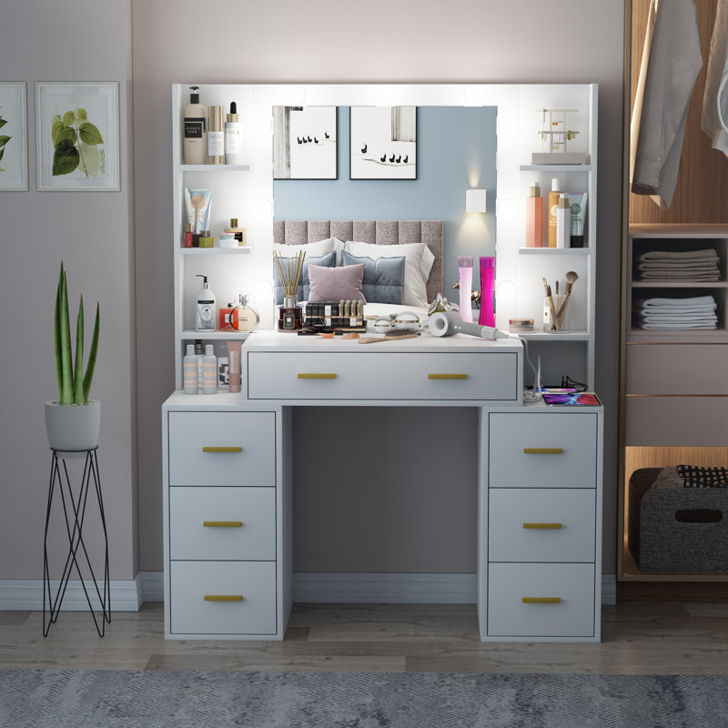 Coiffeuse 43 po avec 3 couleurs d'éclairage Pradep, Blanc