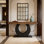 Console rustique industrielle pour canapé derrière, table d'entrée de ferme avec base en cercle noir et plateau en grain de bois, table de couloir longue et étroite pour la décoration du salon