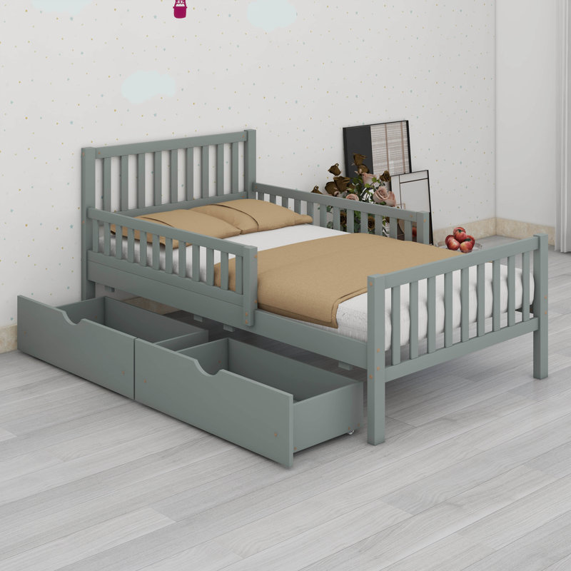 Kids Bed Frame With Fences And 2 Drawers,Wooden Platform Bed With Guardrails On Both Sides For Boys Girls, Twin, Gray