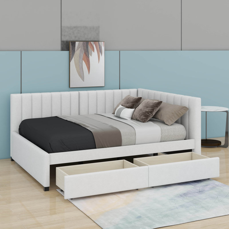 Lit de jour double rembourré avec 2 tiroirs, Beige