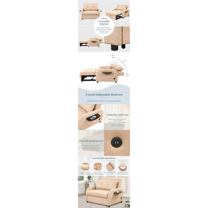 Pull Out Sofa Sleeper 3 In 1 With 2Wing Table And Usb Charge For Living Room, Recreation Room,, Beige