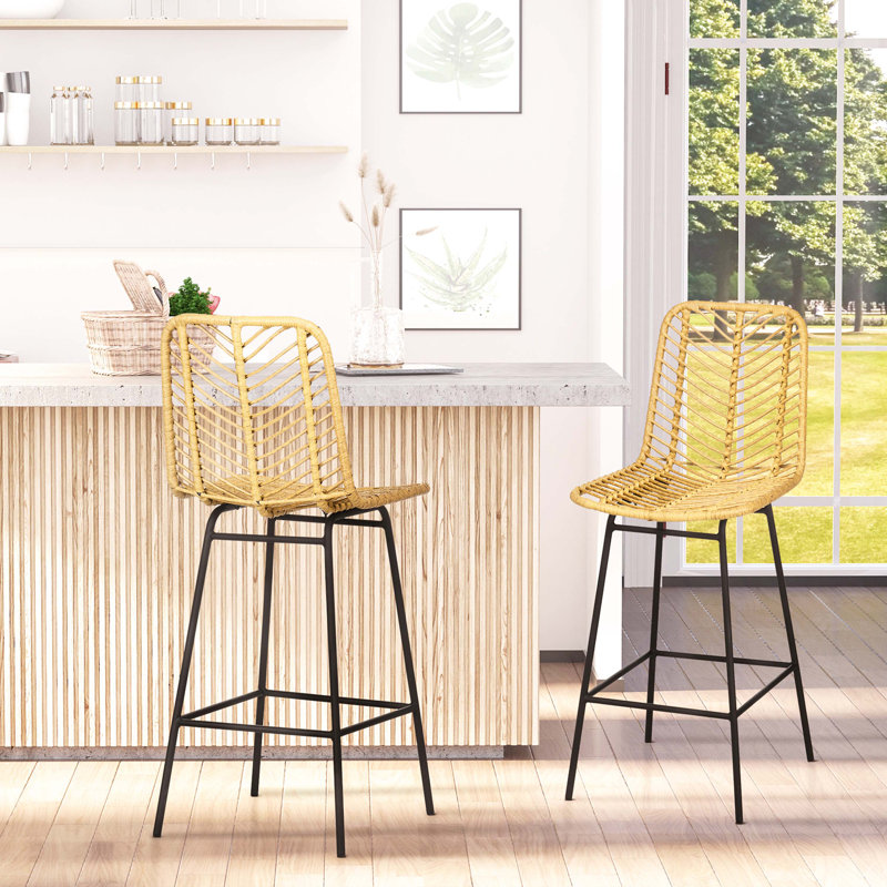 Yellow Faux Rattan and Steel 26" Counter Height Bar Stools, Set of 2