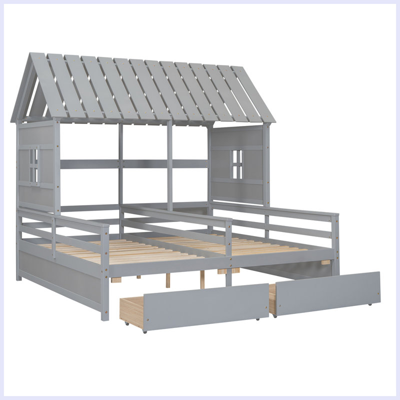 Combinaison moderne de 2 lits simples côte à côte avec deux tiroirs, Gris