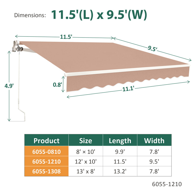 Manual Retraction Slope Patio Awning, Beige, Solid Color