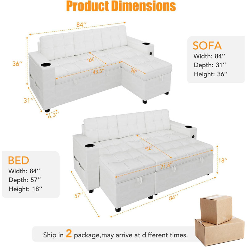 Canapé-lit, canapé-lit de 84 po avec lit escamotable, canapés confortables pour le salon avec 2 ports de chargement et 2 accoudoirs de rangement, 2 porte-gobelets et poches latérales inclus
