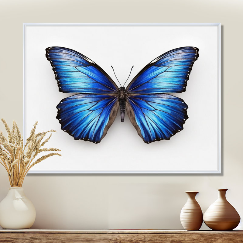«Vibrant Blue Butterfly II» - art mural papillon, 30" H x 40" W, Cadre flottant blanc
