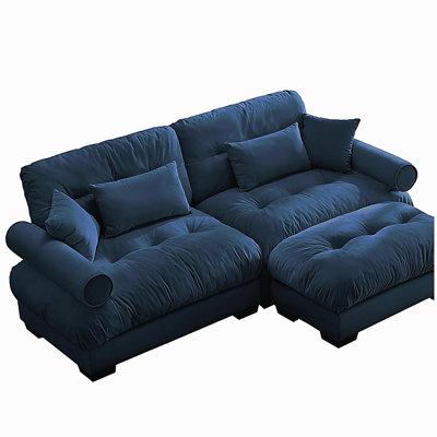 Canapé deux places surdimensionné avec repose-pieds, repose-pieds en velours 2 places avec accoudoirs ronds, avec coussin de taille et coussins décoratifs, petit canapé en forme de L pour le salon, salle de lecture bleue