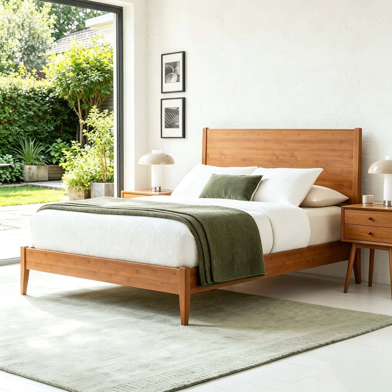 Lit plateforme en bois de bambou massif, Queen, Walnut