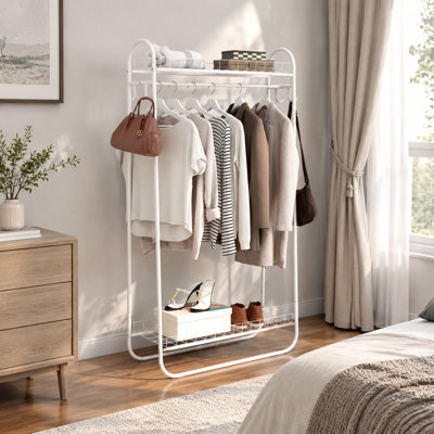 Portant à vêtements autoportant en métal blanc avec double tablette, robuste et mobile, pour chambre à coucher, 84 cm (L) x 30,7 cm (l) x 163 cm (H)