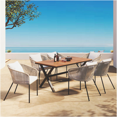 Ensemble de salle à manger de jardin 7 pièces GO, ensemble de meubles d'extérieur toutes saisons avec table et chaises, plateau de table en bois d'acacia, structure en métal, pour le jardin, la cour, le balcon, beige
