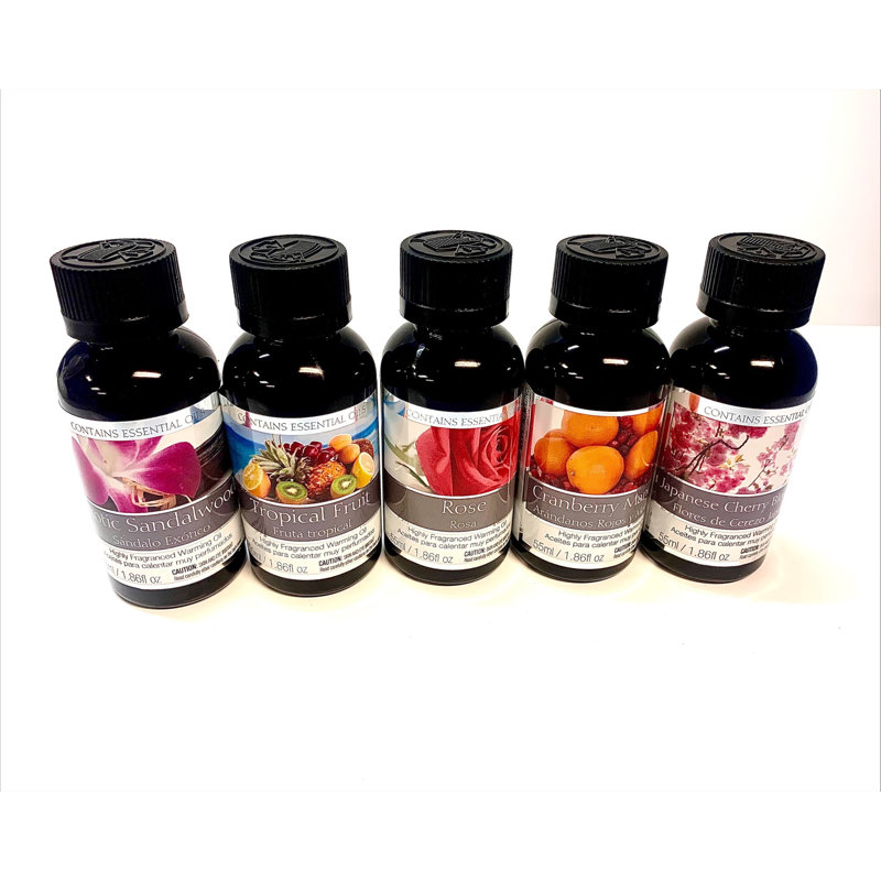 Ensemble de 5 huiles chauffantes parfumées 55 ml chacune - Hosley - fleurs de cerisier japonais, fruits tropicaux, mandarine canneberge, bois de santal exotique, rose. Idéal pour le spa, la méditation et la salle de bain