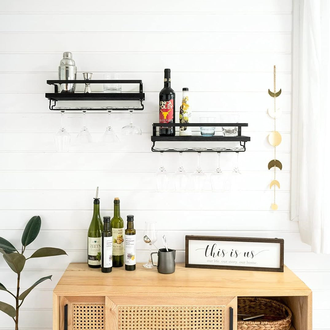 Set Of 2 Wall Mounted Wine Rack For  Kitchen Dining Room Bar,Black