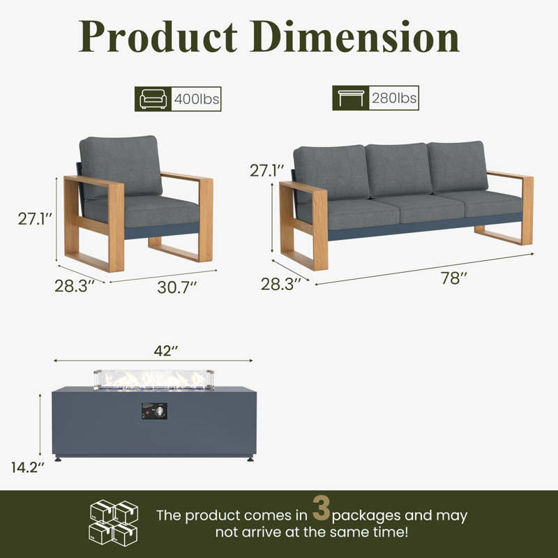  4 Pieces Aluminum Patio Furniture Set With Fire Pit Table, Oversized Seat With Hight Back Outdoor Conversation Sets