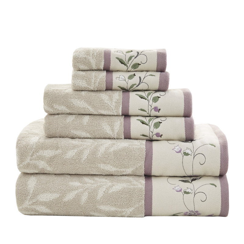 Raheem Purple Embroidered Cotton Jacquard Purple Towel Set - Includes 2 Bath Towels, 2 Hand Towels, 2 Wash Cloths, Purple