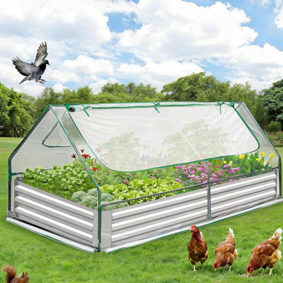 6-8 FT Raised Garden Bed with Greenhouse Cover, Galvanized Metal Planter Box with Screen Windows