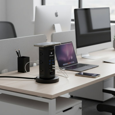 115W fast charging tower surge protector 9 AC outlets 8 USB 4 USB C 6Ft flat plug retractable cord black home office dorm