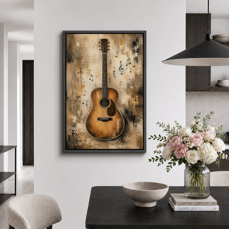 Illustration d'une guitare acoustique rétro avec notes de musique, photos de salle de musique, impression sur toile encadrée