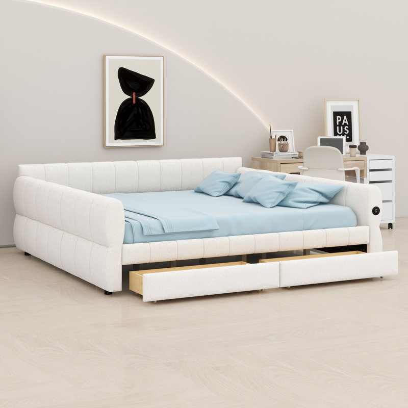 Platform Bed Frame Upholstered with USB Charging Station and 2 Storage Drawers, White