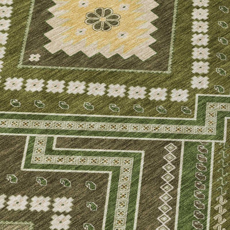 Olive Flat Woven Synthetic Washable Rectangular Rug 2'6" x 3'10"