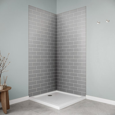 Streamline DSH-1480-154 34 in. L x 34 in. W. x. 76 in. H 2-Piece Glue-Up Corner Shower Surround in Grey Tile Finish