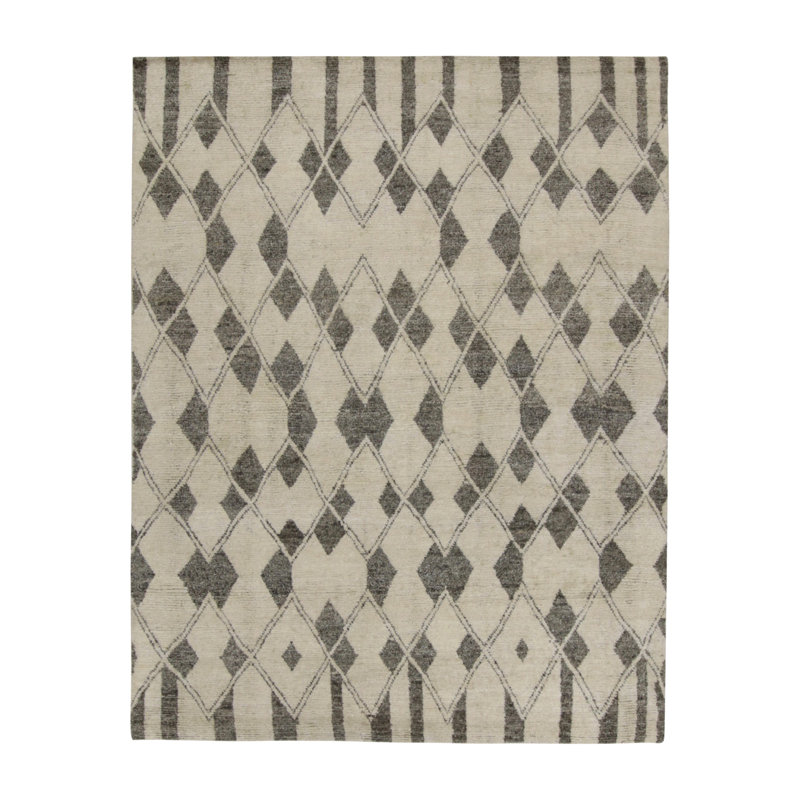 Moroccan Hand Knotted Geometric Area Rug in Gray, Black, Ivory, Rectangle 10' x 14'