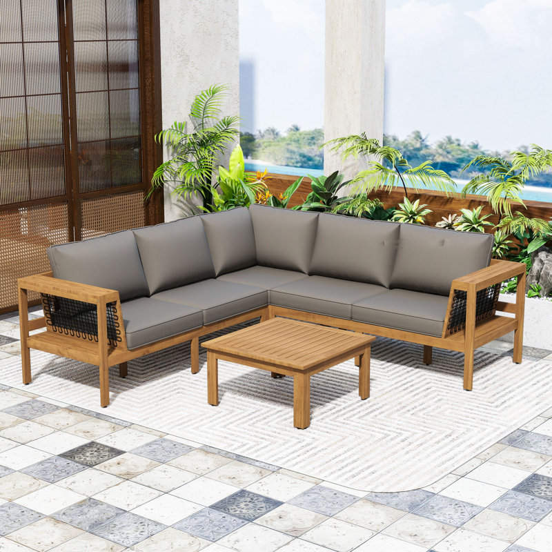 Ensemble de conversation d'extérieur 4 pièces en bois d'acacia avec accoudoirs en corde, coussins et table basse
