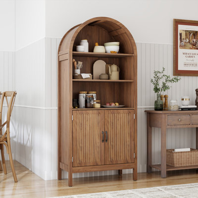 71" Arched Bookcase with Pantry Storage with Glass Door, Bookshelf with 2 Drawers